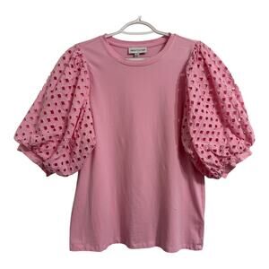 Gibson Latimer Small Pink Lace Bell Sleeves Blouse Top Eyelet Balloon Preppy
